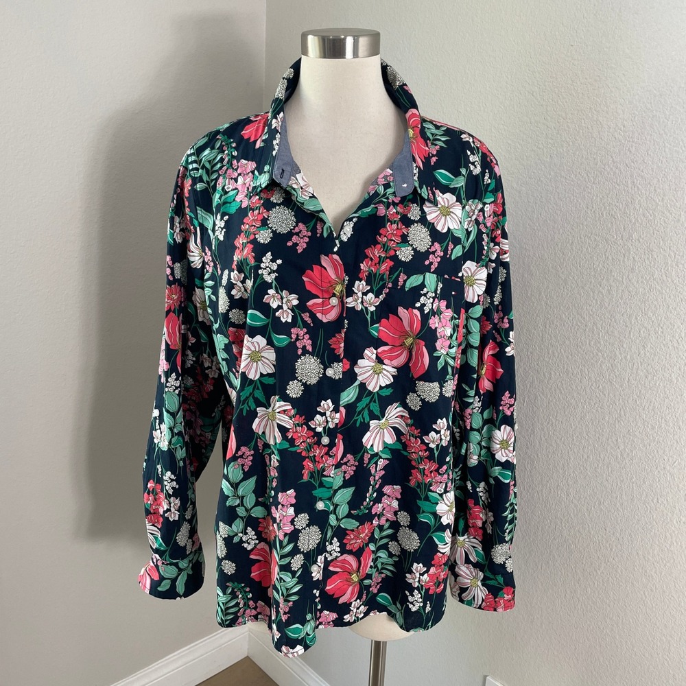 Tommy Hilfiger Womens Plus XXL Navy Floral Button Up Shirt 100% Cotton‎ Blouse